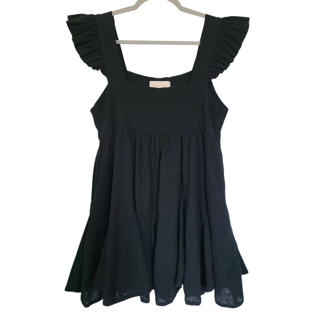 Myrah Penaloza Cotton Linen Crinkle Babydoll Dress Black Ruffle Strap Pockets S